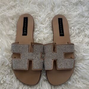 Steve Madden Tan and Silver Slide Sandals with Crystal Embellishments
